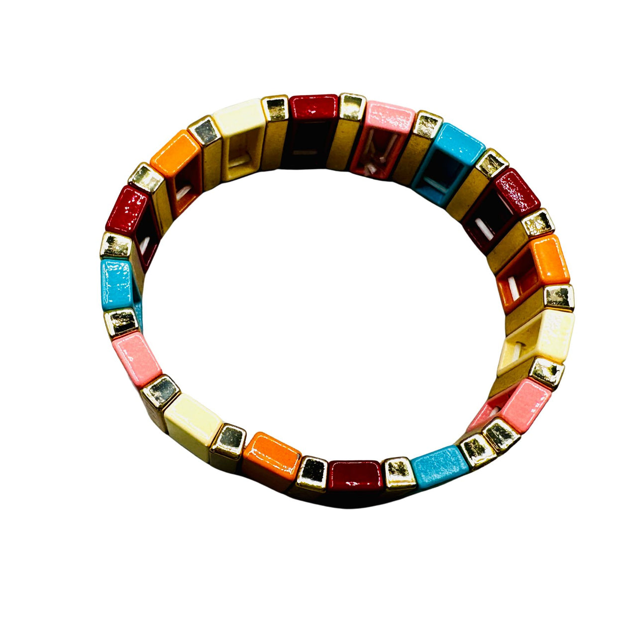 Rainbow and Gold Bead  Enamel Stretch Bracelet