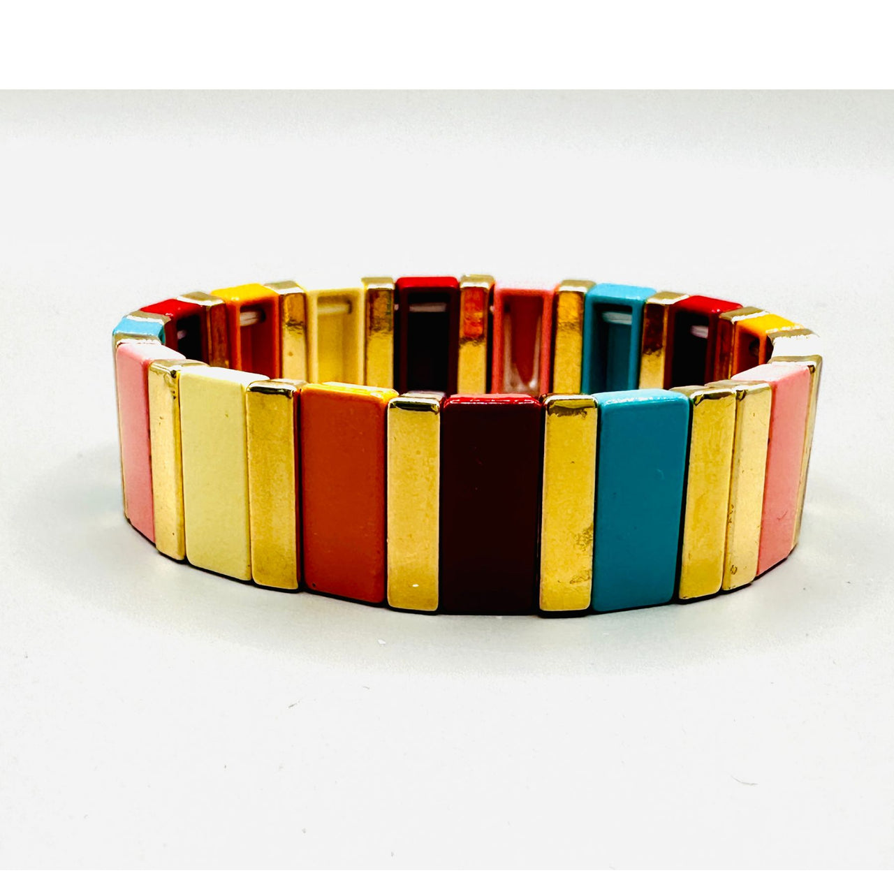 Rainbow and Gold Bead  Enamel Stretch Bracelet