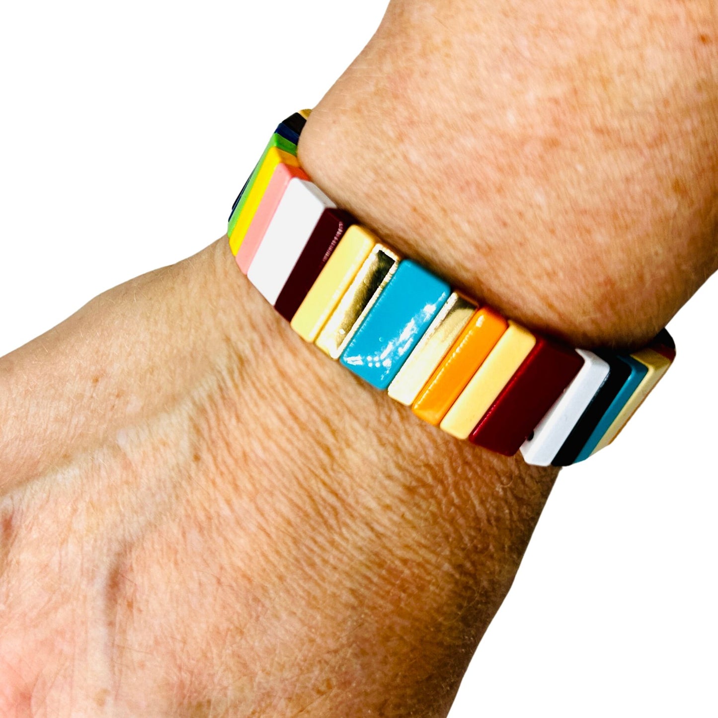 Rainbow and Gold Bead Enamel Stretch Bracelet