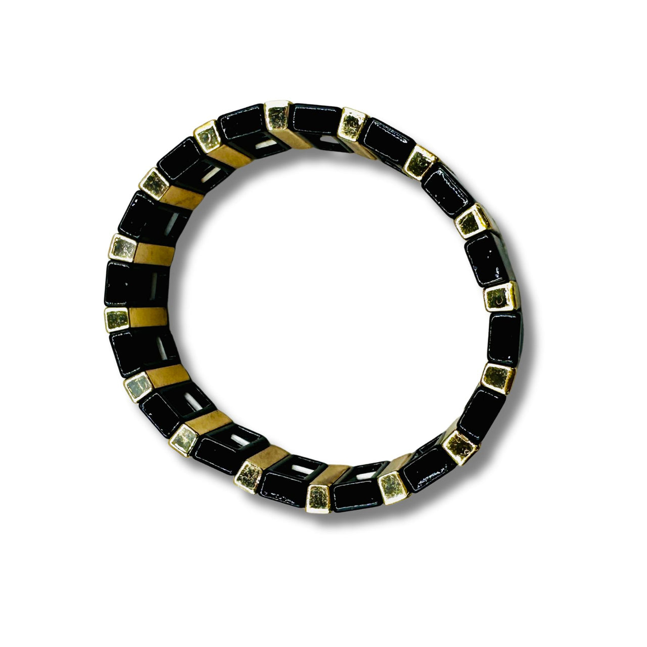 Sleek Black and Gold Enamel Stretch Bracelet