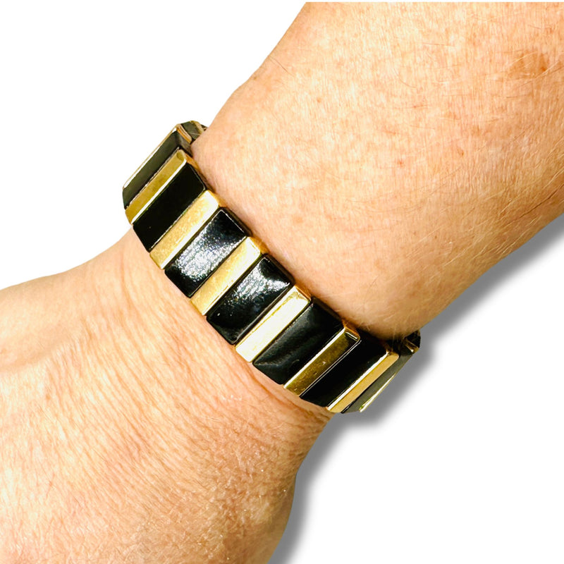 Sleek Black and Gold Enamel Stretch Bracelet