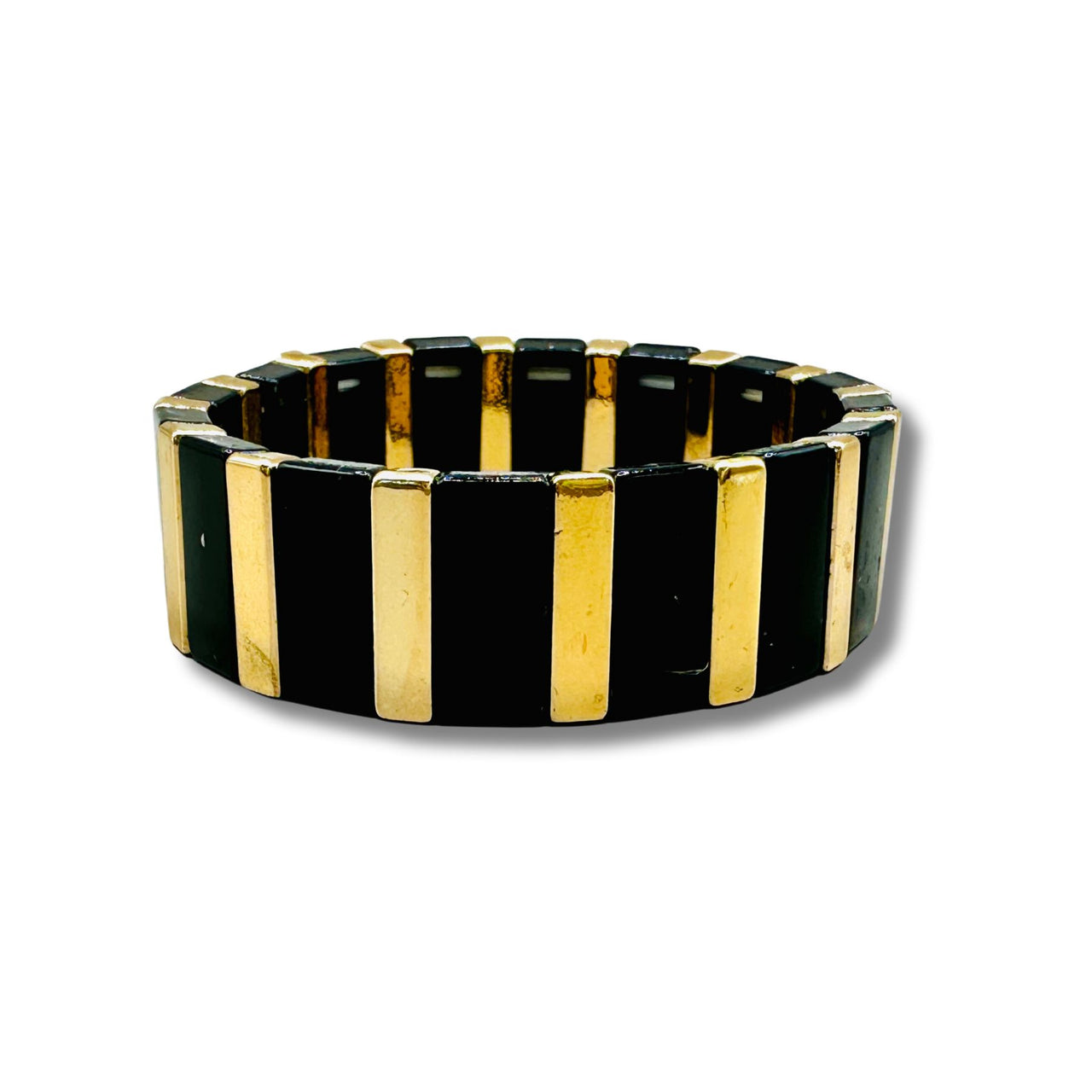 Sleek Black and Gold Enamel Stretch Bracelet