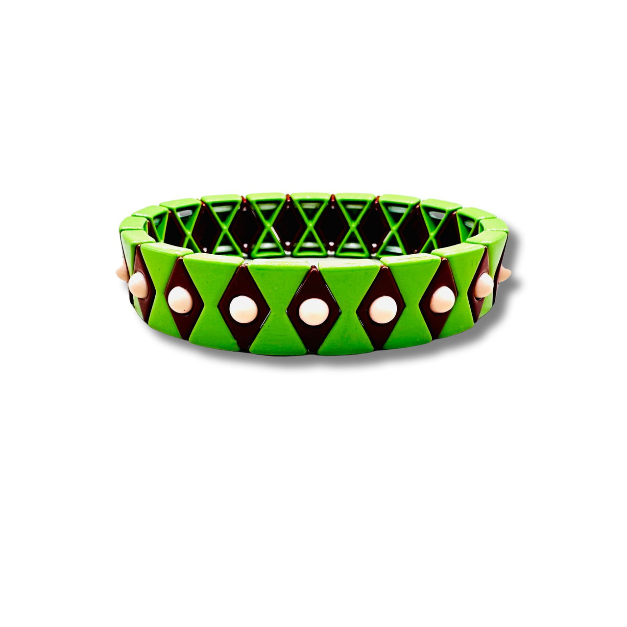 Green Enamel Red and Pink Diamond Pattern Stretch Bracelet