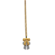 Gold necklace with a bow-shaped pendant on a white background