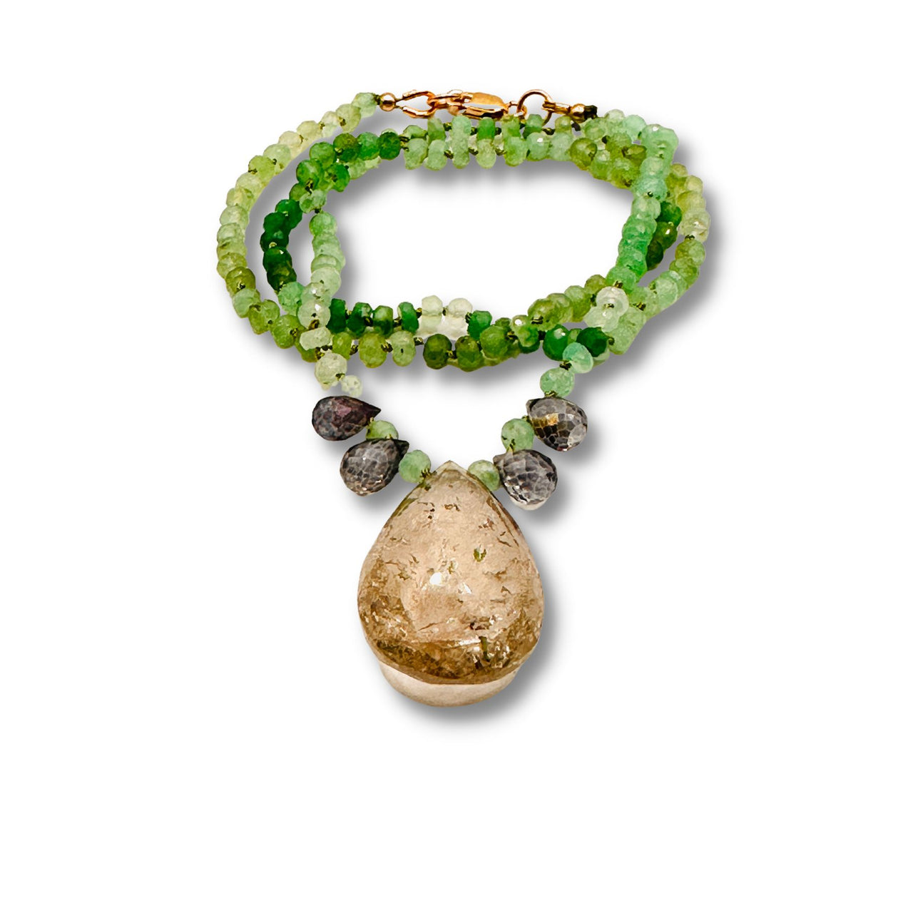 Hand Knotted Chrysoprase and Iollite Moon Crystal Quartz Necklace