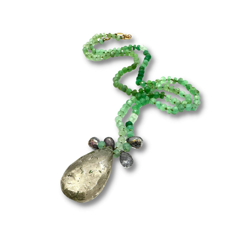 Hand Knotted Chrysoprase and Iollite Moon Crystal Quartz Necklace