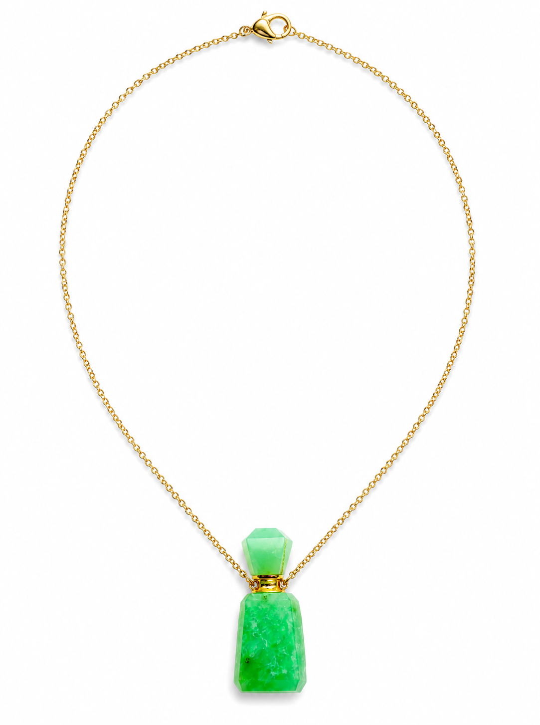 A gold chain necklace featuring a green faceted stone pendant shaped like a small bottle, displayed on a clean white background.