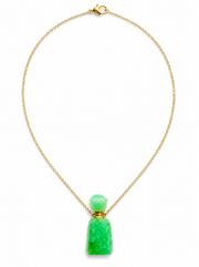 A gold chain necklace featuring a green faceted stone pendant shaped like a small bottle, displayed on a clean white background.