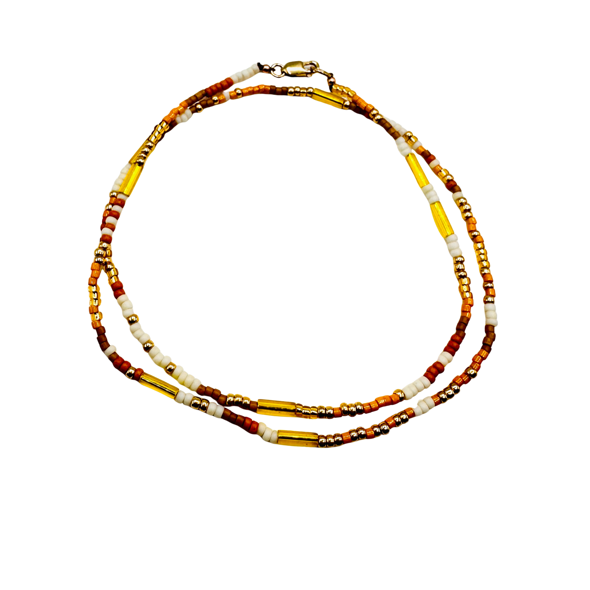 Necklace with multicolored beads on a white background
