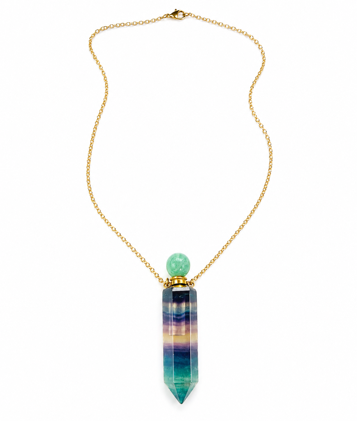A gold chain necklace featuring a colorful striped crystal point pendant with a light green bead accent, shown against a plain white background.