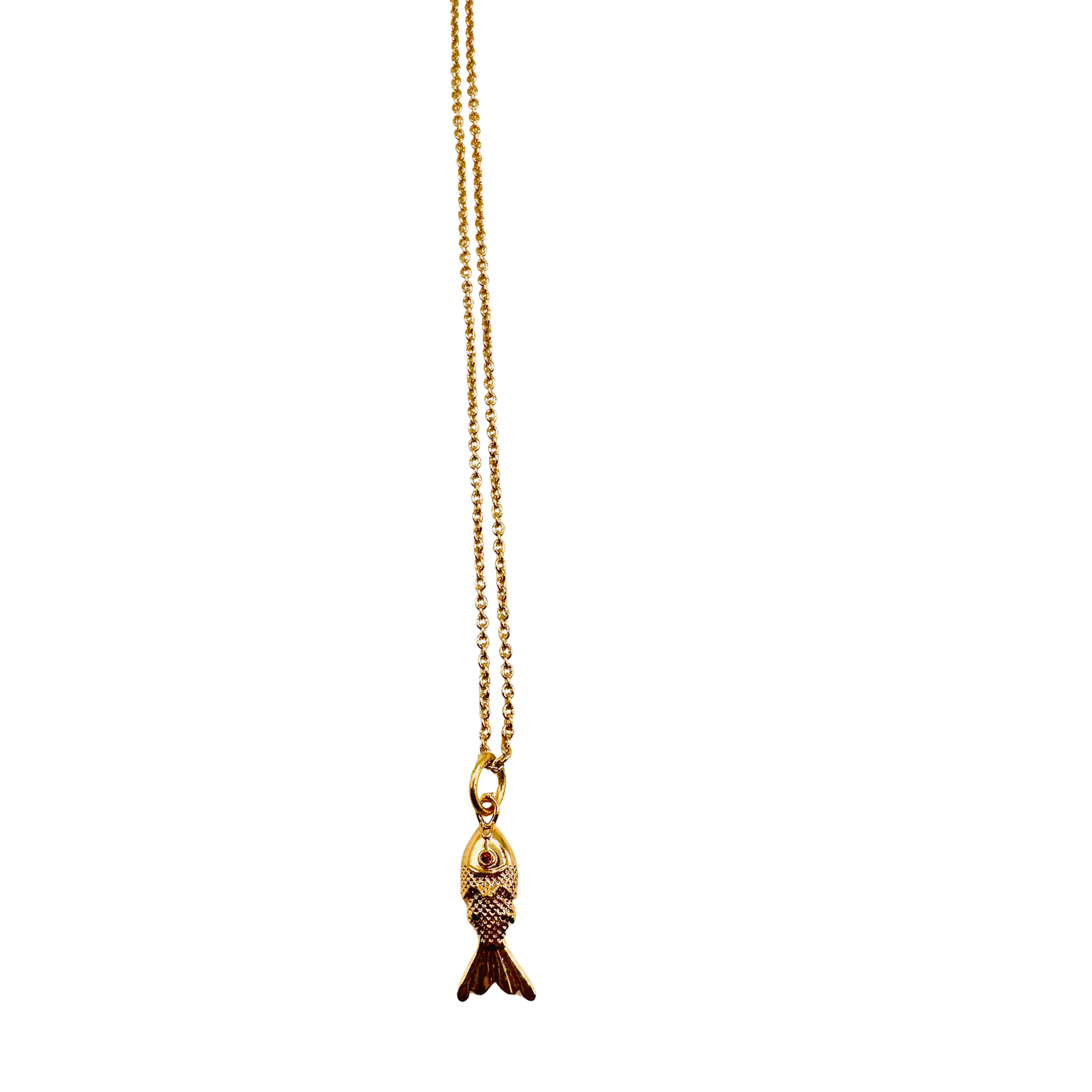 Gold fish pendant necklace on a white background