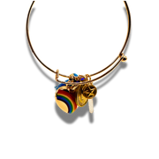 Gold bracelet with colorful heart charm on a white background