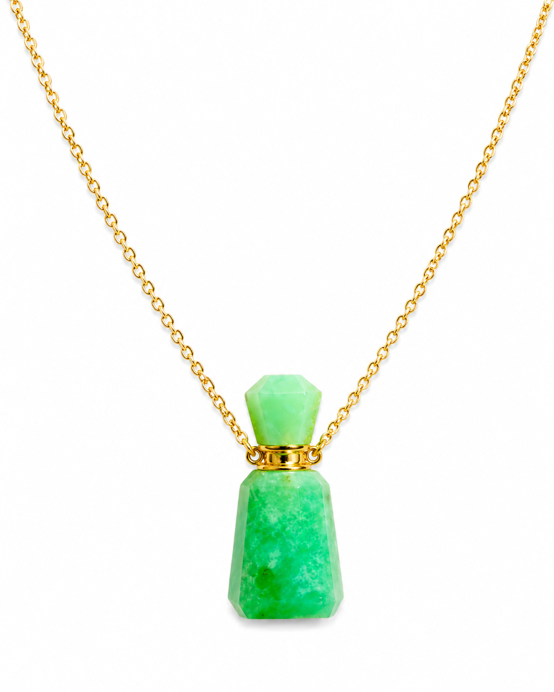 A gold chain necklace featuring a pendant made of a faceted light green gemstone on the top and a larger green stone on the bottom, separated by a small gold ring, shown on a white background.