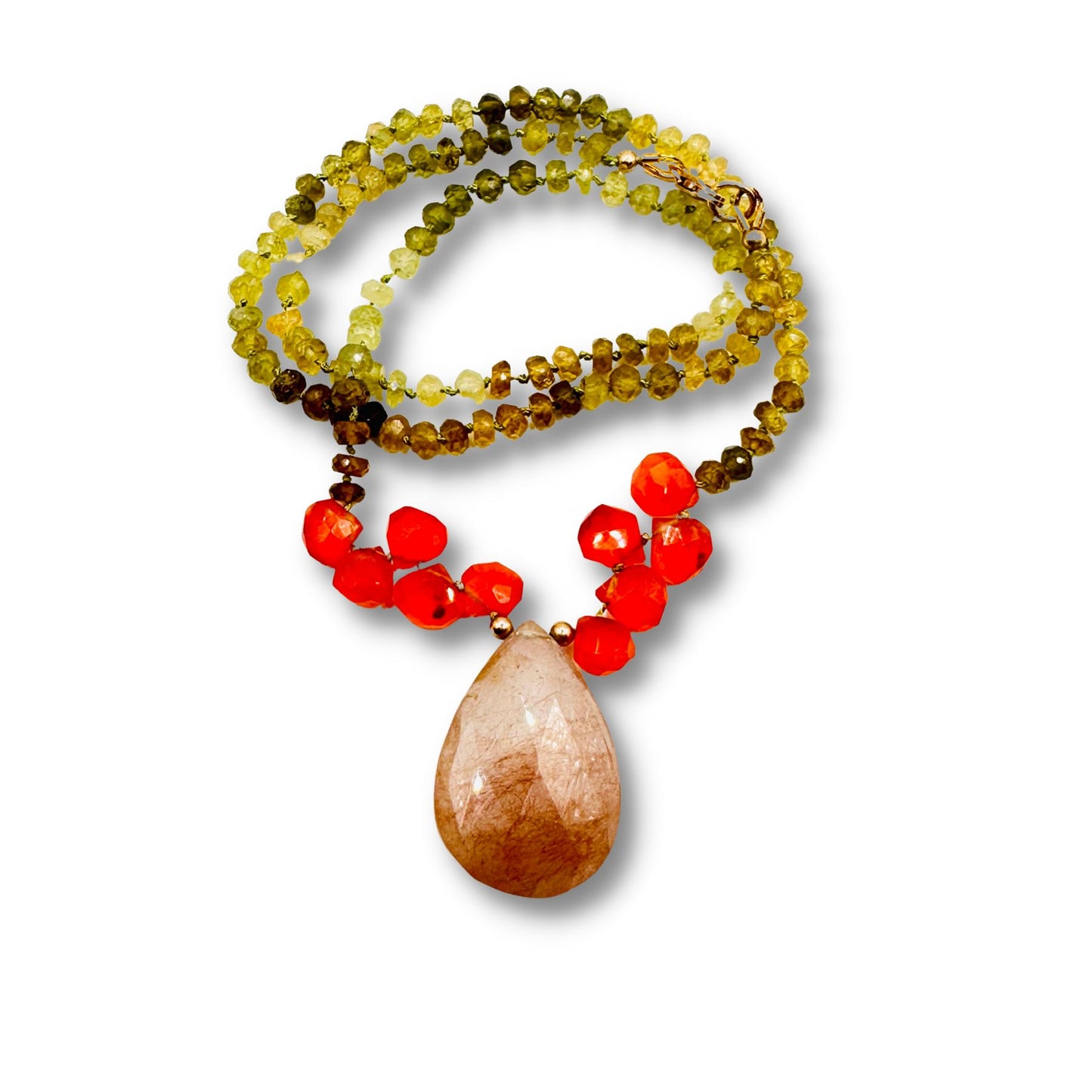 Hand Knotted  Hessonite and Carnelian Moon Crystal Quartz Necklace