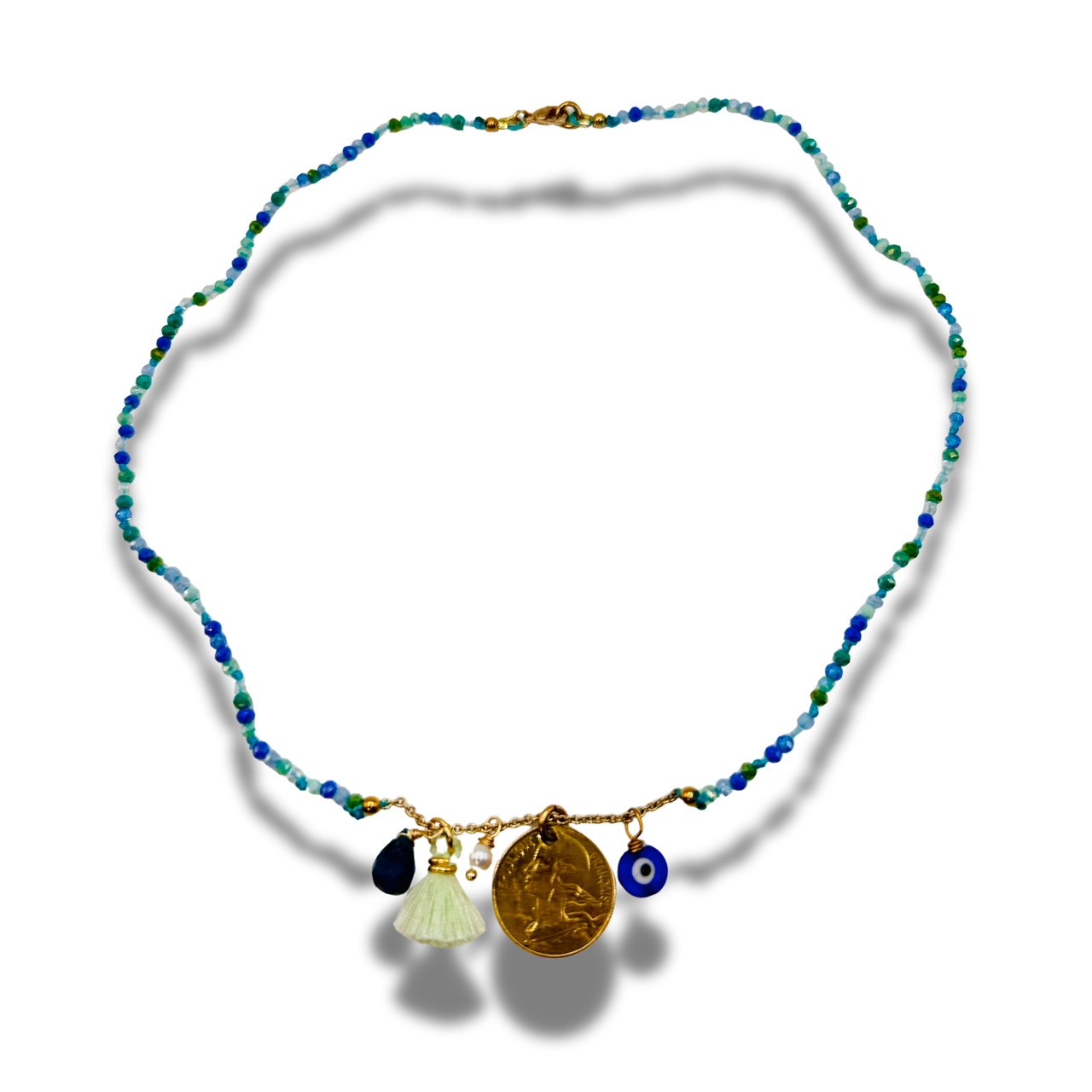 Ocean Dreams Hand Knotted Green Glass Bead Necklace with Coin