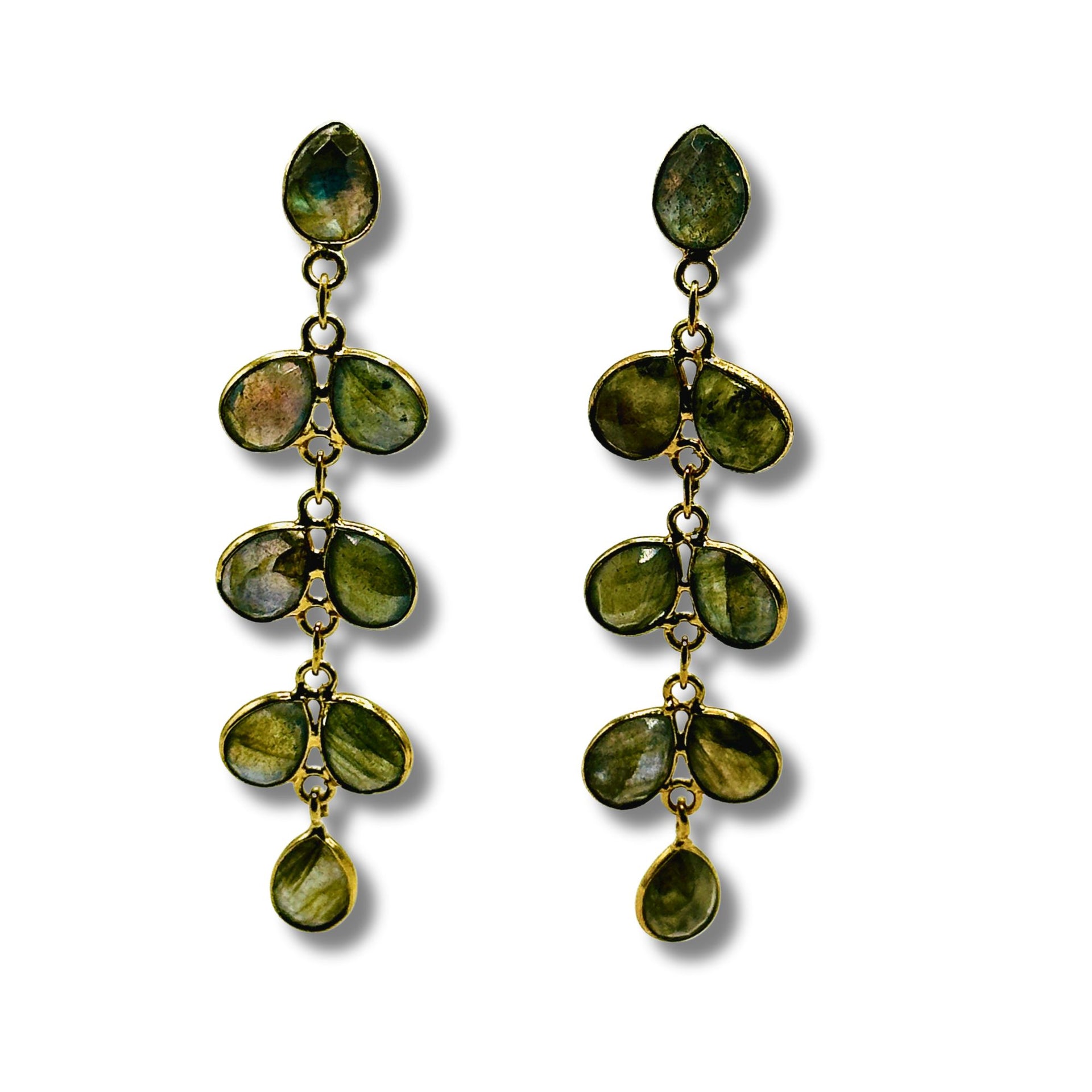 A pair of gold-plated brass bezel set dangle earrings with labradorite stones.