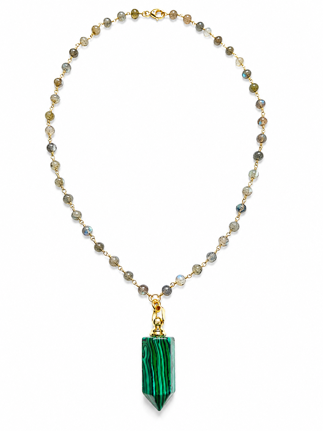 A beaded necklace featuring a large green malachite crystal pendant, suspended from a gold chain with small gray and iridescent beads, shown against a plain white background.