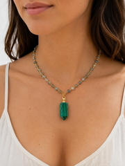 A close-up of a woman wearing a beaded necklace with a prominent green faceted pendant and gold-tone accents, paired with a white spaghetti-strap top.