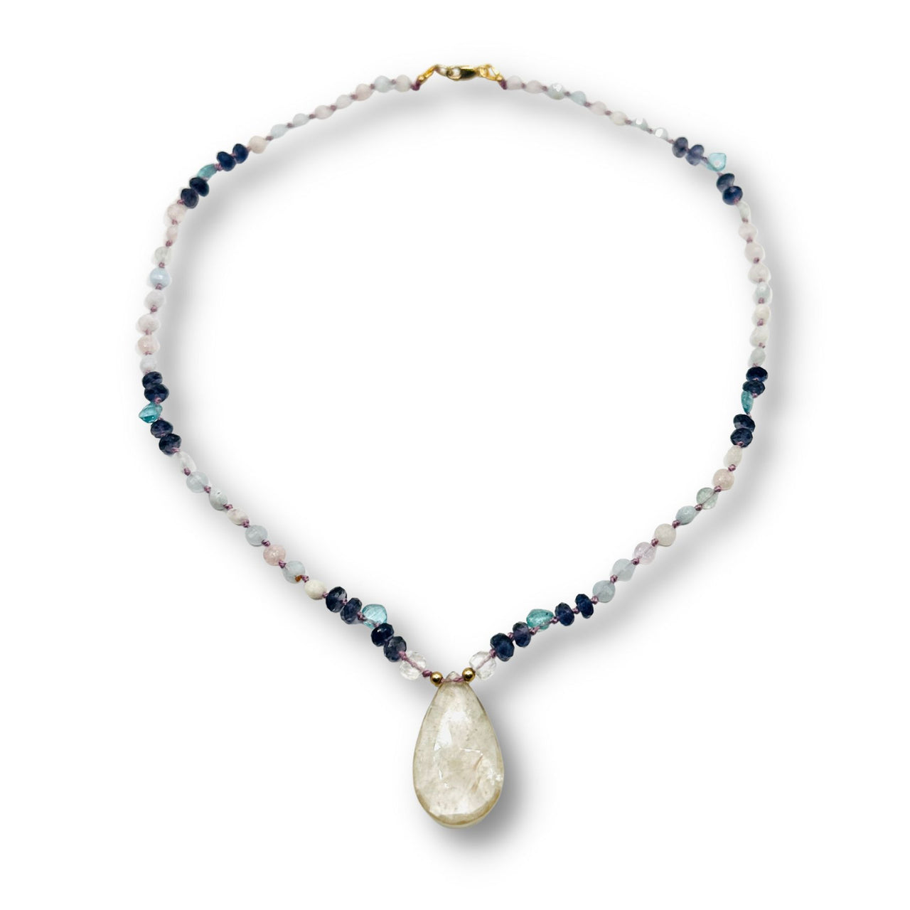 Hand Knotted Opal, Iolite, Blue Topaz Moon Crystal Quartz Necklace