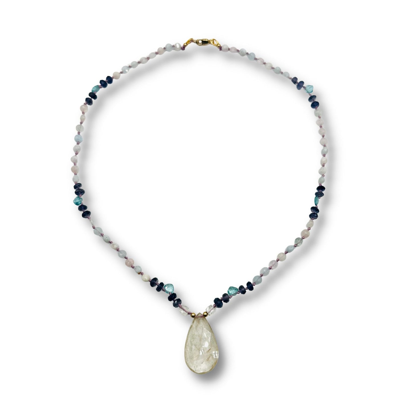 Hand Knotted Opal, Iolite, Blue Topaz Moon Crystal Quartz Necklace
