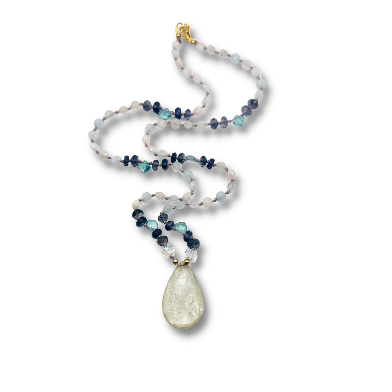 Hand Knotted Opal, Iolite, Blue Topaz Moon Crystal Quartz Necklace