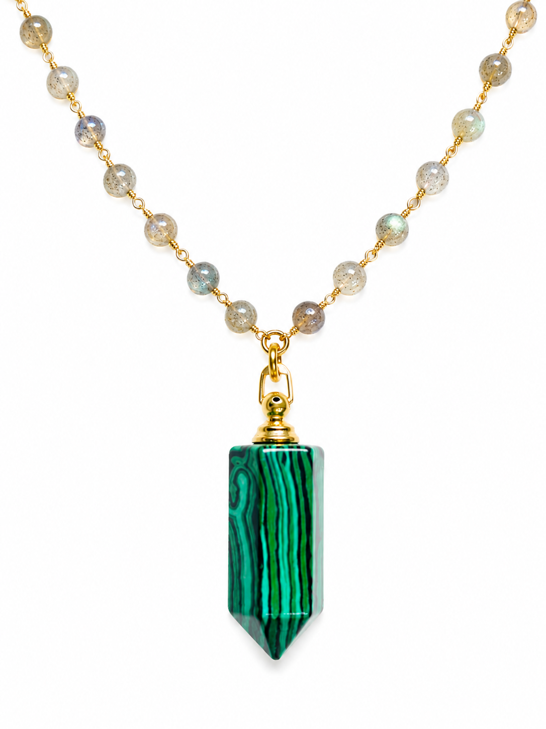 A gold chain necklace featuring a faceted green malachite crystal point pendant, with small round labradorite beads along the chain, shown against a plain white background.