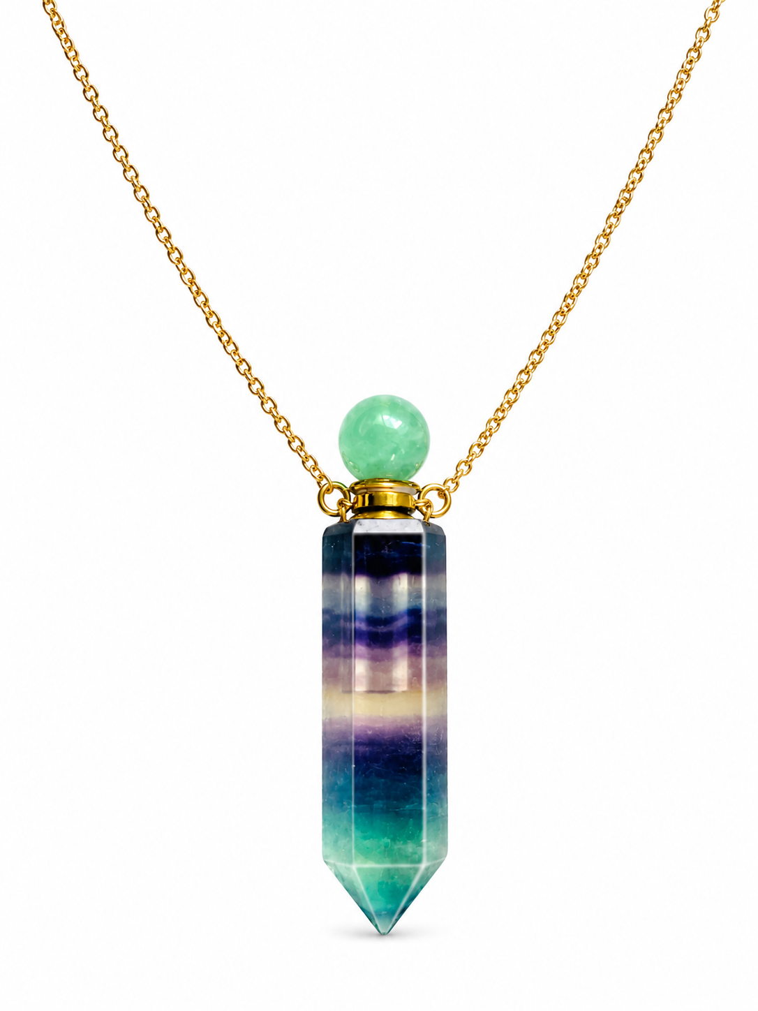 A gold chain necklace featuring a vertical faceted crystal pendant with horizontal bands of purple, blue, green, and teal, topped with a smooth light green bead, shown on a white background.