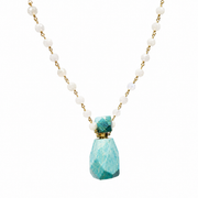 A beaded necklace featuring white pearl-like round beads on a gold-tone chain, with a large faceted turquoise pendant and a smaller matching turquoise bead detail at the top.