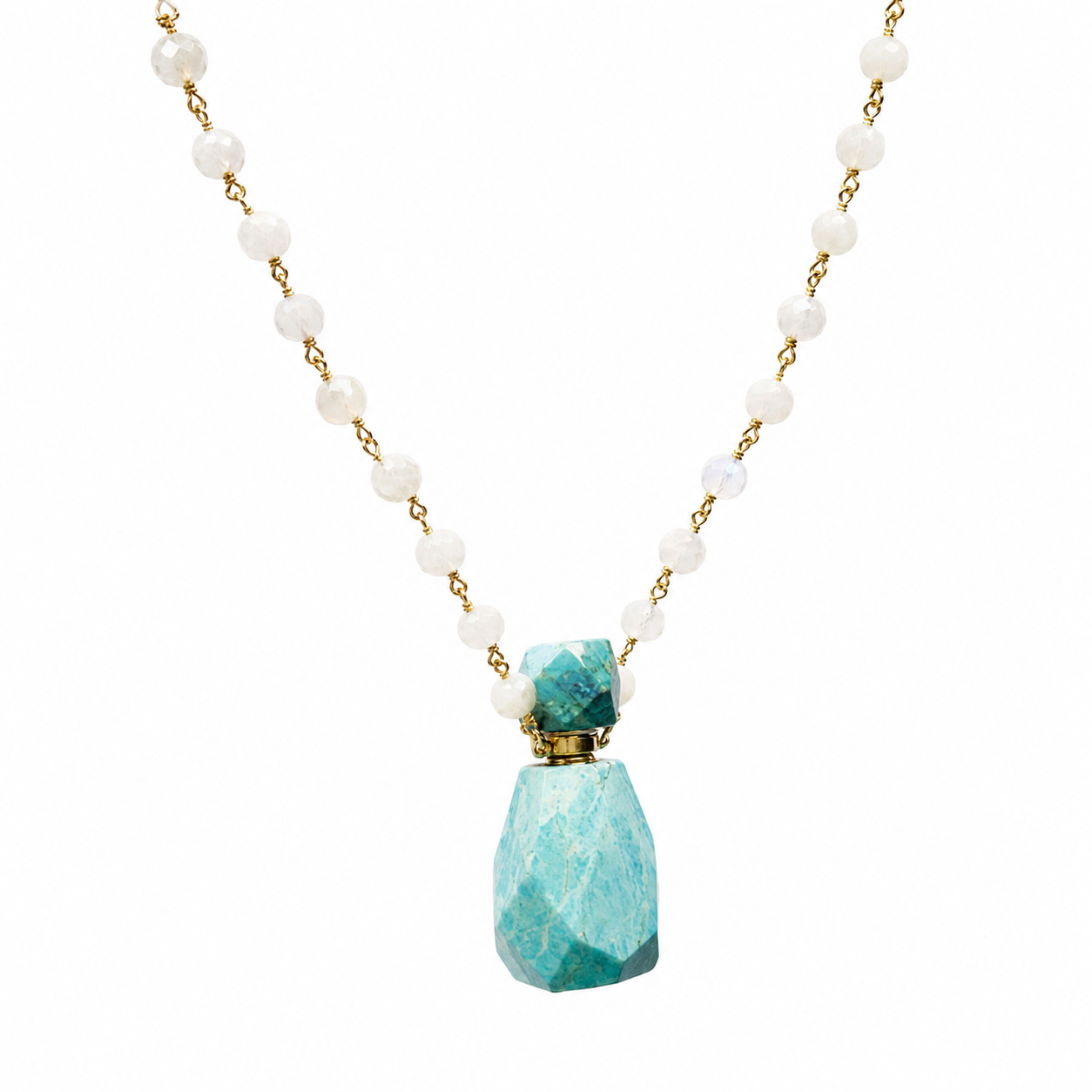 A beaded necklace featuring white pearl-like round beads on a gold-tone chain, with a large faceted turquoise pendant and a smaller matching turquoise bead detail at the top.