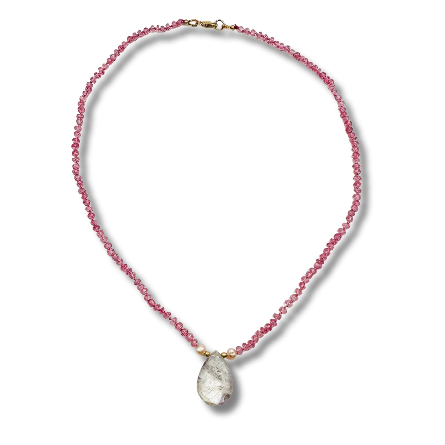 Hand Knotted Pink Sapphire, Pearl Moon Crystal Quartz Necklace