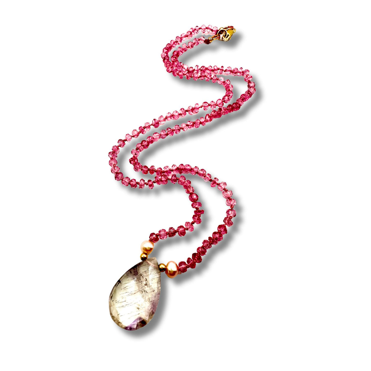 Hand Knotted Pink Sapphire, Pearl Moon Crystal Quartz Necklace