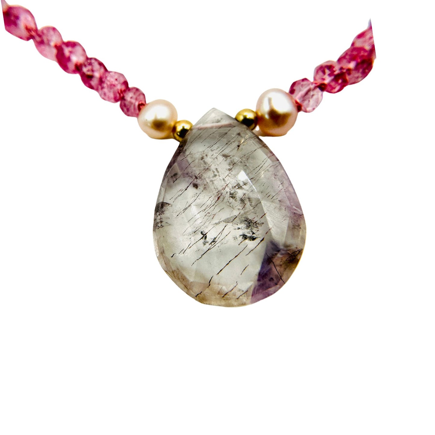Hand Knotted Pink Sapphire, Pearl Moon Crystal Quartz Necklace