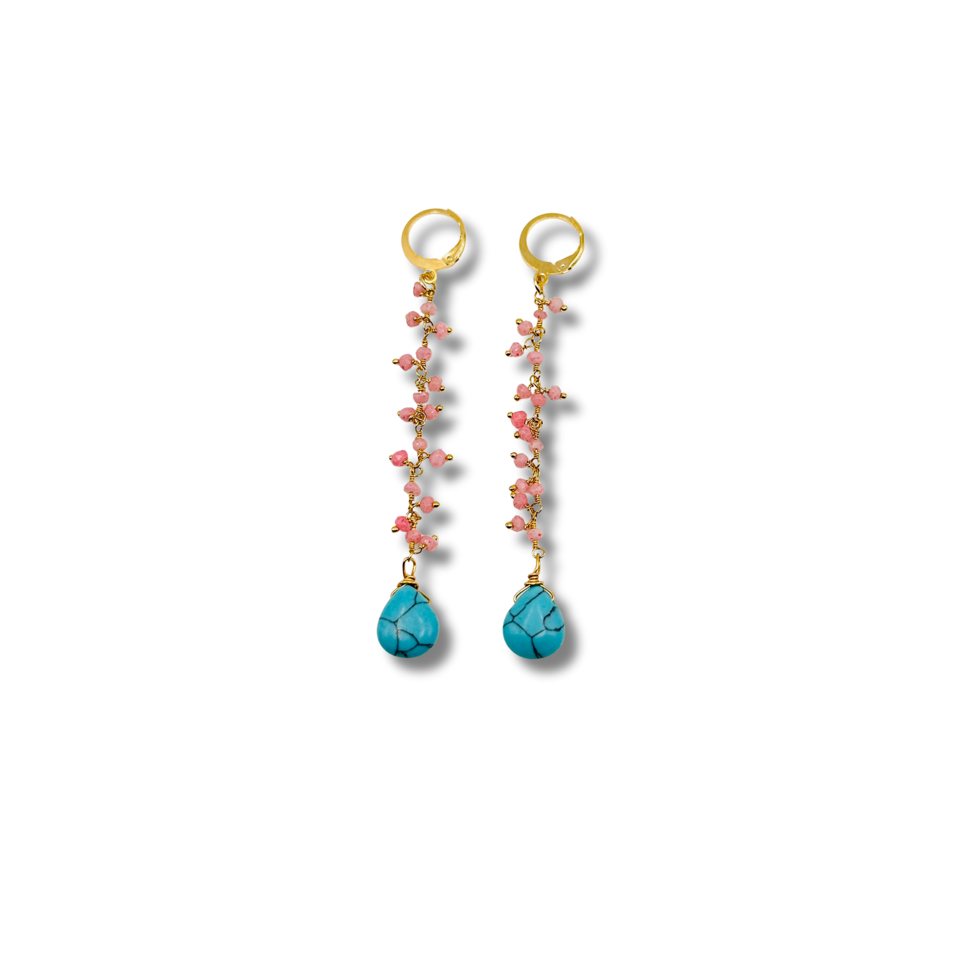 Pair of earrings with turquoise drops and pink beads on a white background