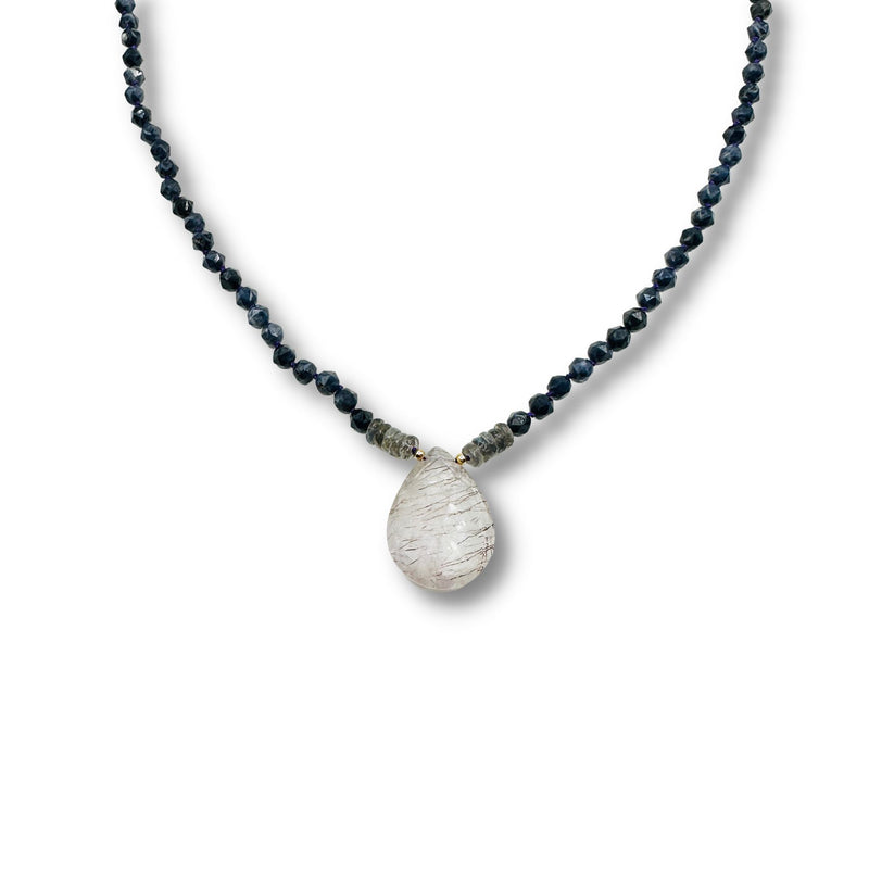 Hand Knotted Sodalite, Labradorite Full Moon Crystal Quartz Necklace