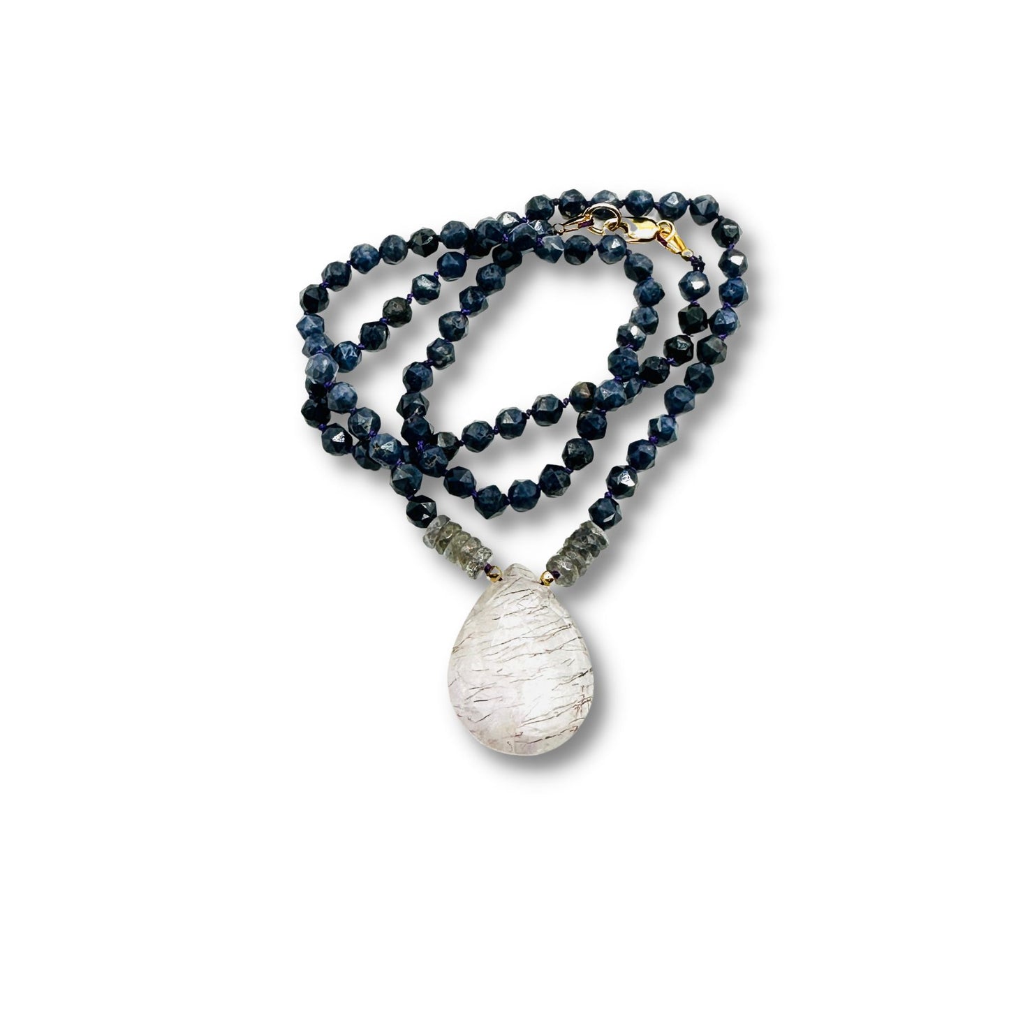 Hand Knotted Sodalite, Labradorite Full Moon Crystal Quartz Necklace