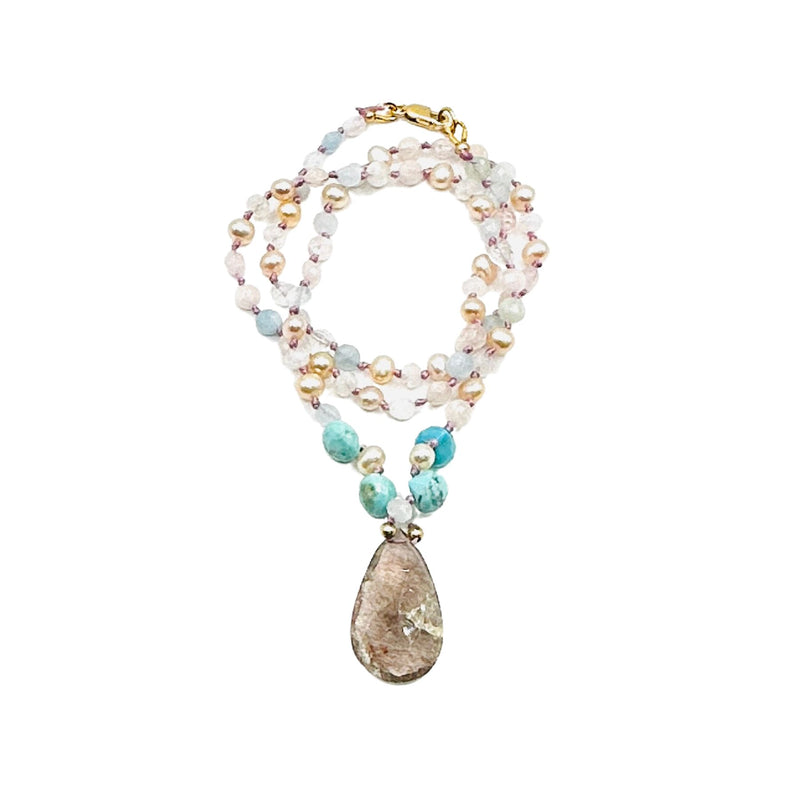 Hand Knotted Moonstone, Pearl, Sleeping Beauty Turquoise Full Moon Crystal Quartz Necklace