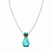 A beaded necklace featuring white pearl-like beads with gold-toned chain links and a faceted teal-green pendant, shown against a plain white background.