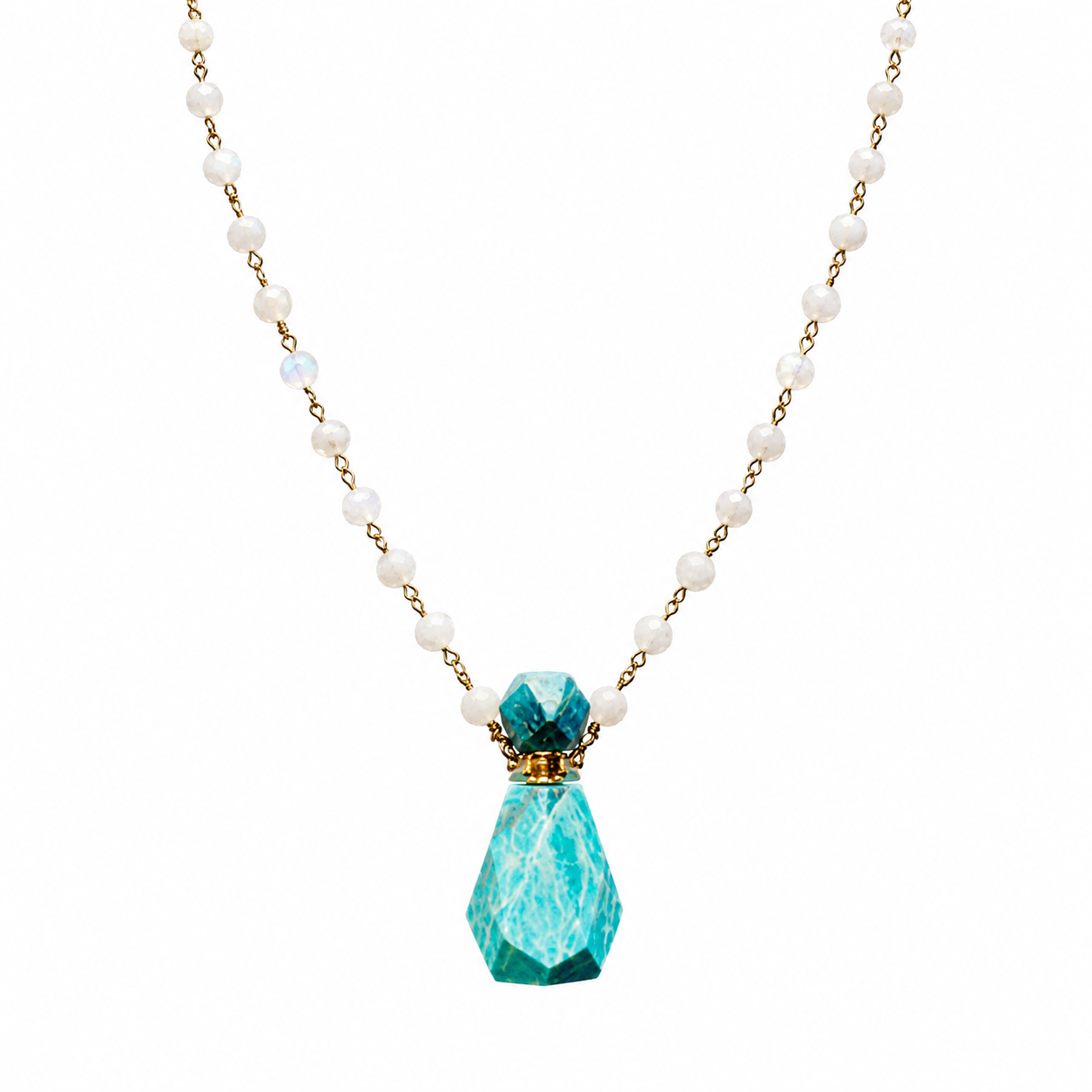 A beaded necklace featuring white pearl-like beads with gold-toned chain links and a faceted teal-green pendant, shown against a plain white background.