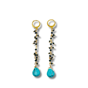 Pair of earrings with turquoise drops and gold hooks on a white background