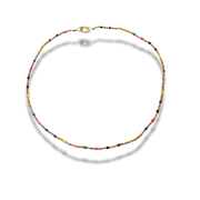 Multicolored beaded necklace on a white background