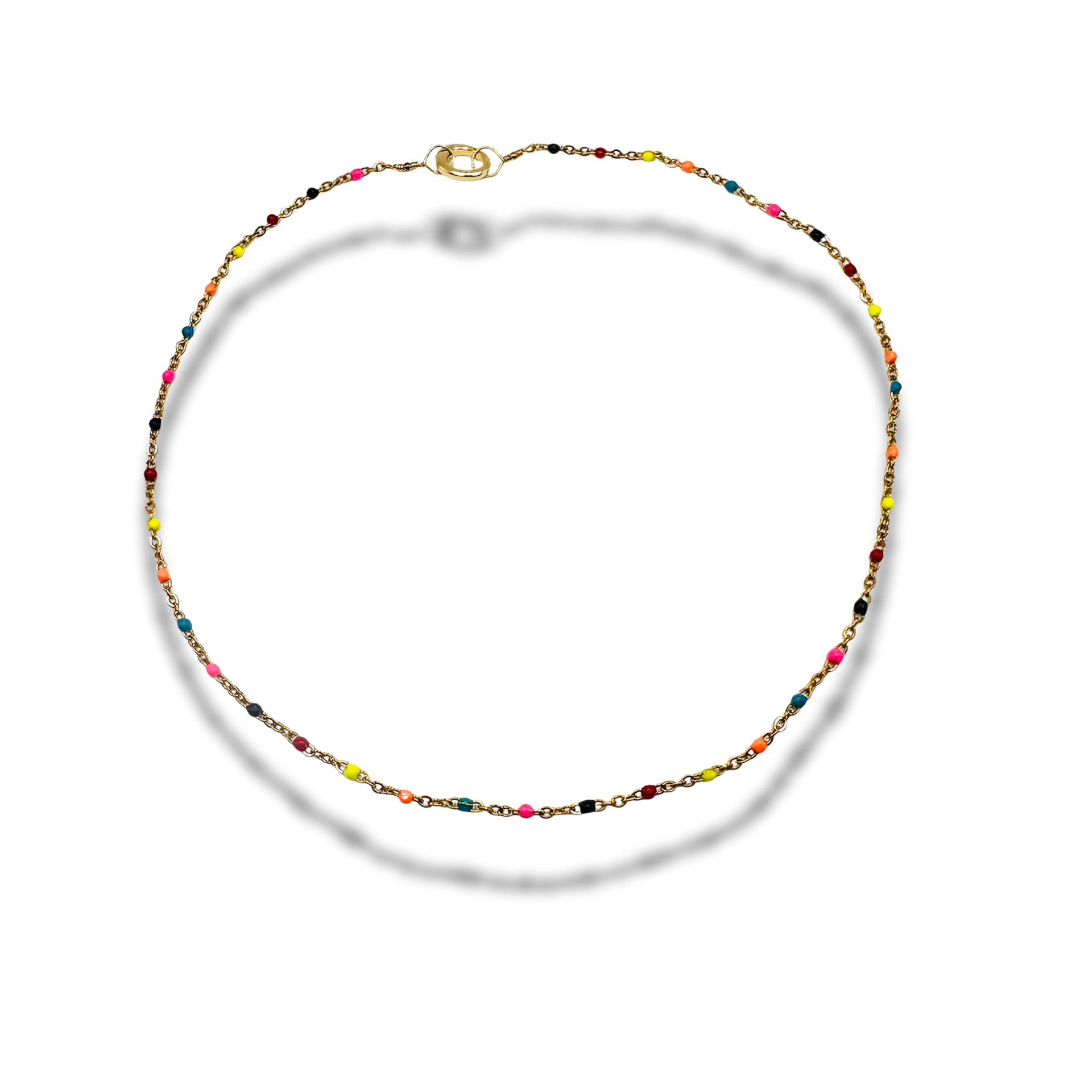 Multicolored beaded necklace on a white background