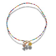 Colorful beaded necklace with charms on a white background