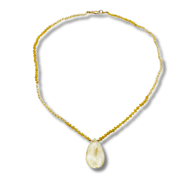 Hand Knotted Yellow Ombre Sapphire Full Moon Crystal Quartz Necklace