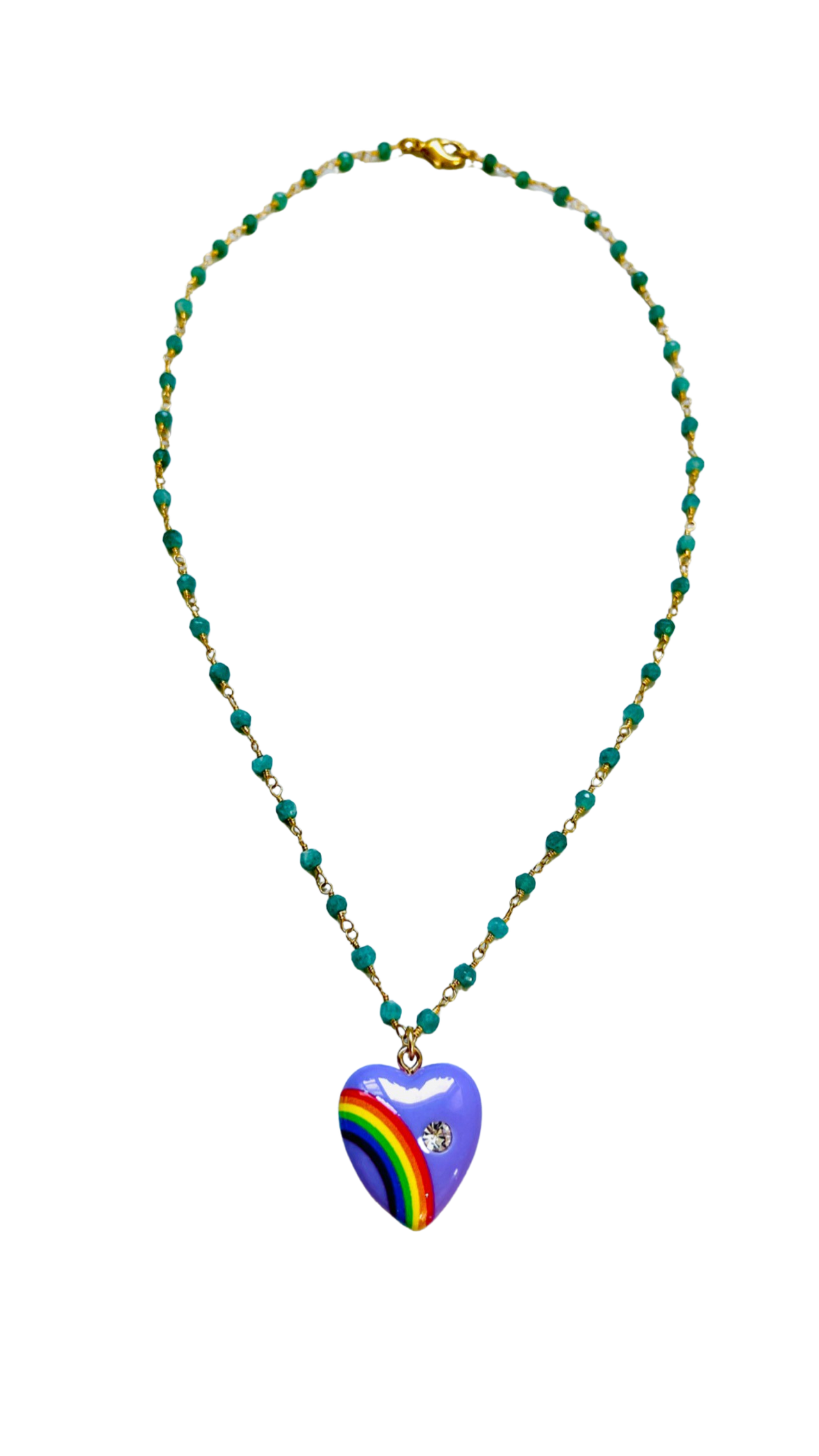 Rainbow Heart with Green Onyx Chain Necklace