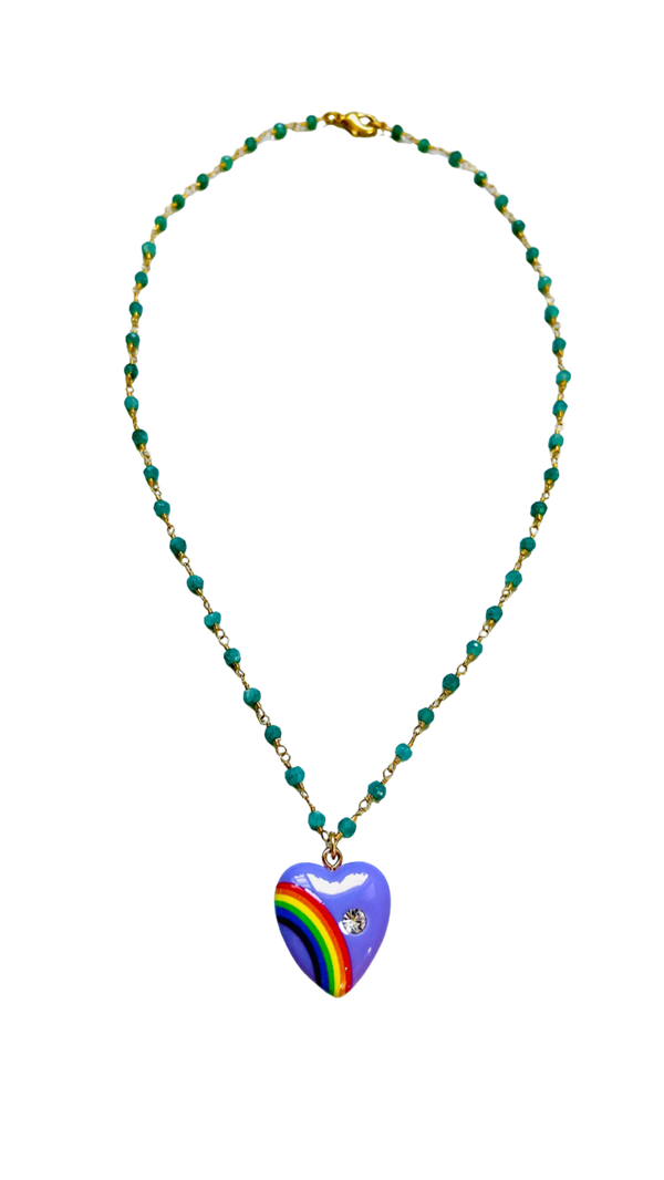 Rainbow Heart with Green Onyx Chain Necklace