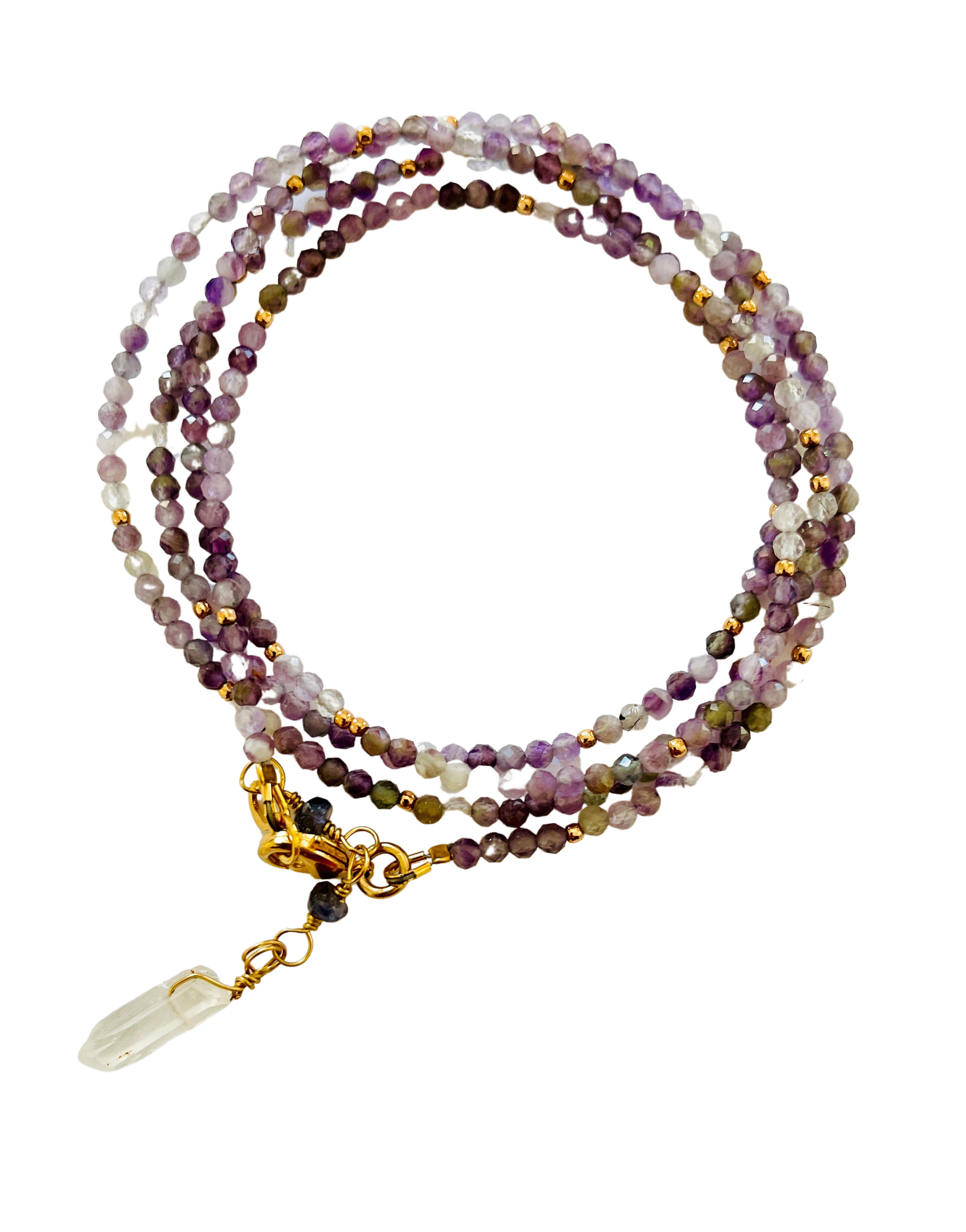 A faceted amethyst bead necklace with a clear crystal point and gold accents, intended for cleansing and spiritual enhancement.