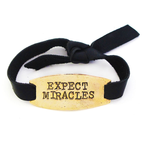 Expect Miracles Black Leather Hand Stamped Inspirational Bracelet