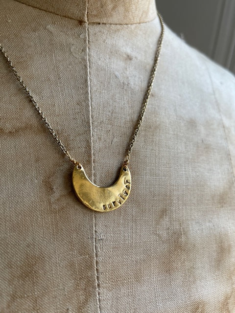 Survivor Hand Stamped Half Moon Pendant Necklace