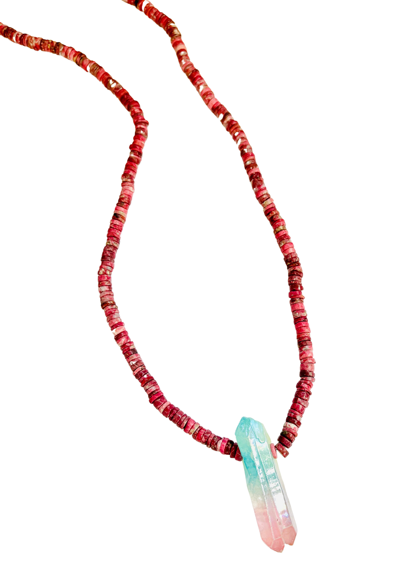 Long Rhodonite Heshi Necklace with Watermelon quartz Crystal