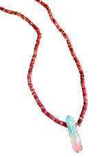 Long Rhodonite Heshi Necklace with Watermelon quartz Crystal